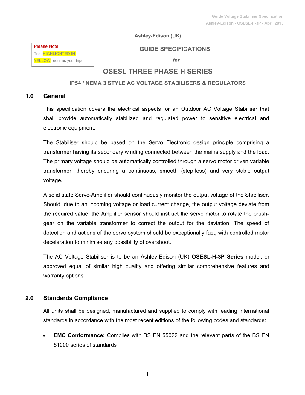 Guide Specification for Ashley-Edison OSESL Three Phase AC Voltage Stabilisers