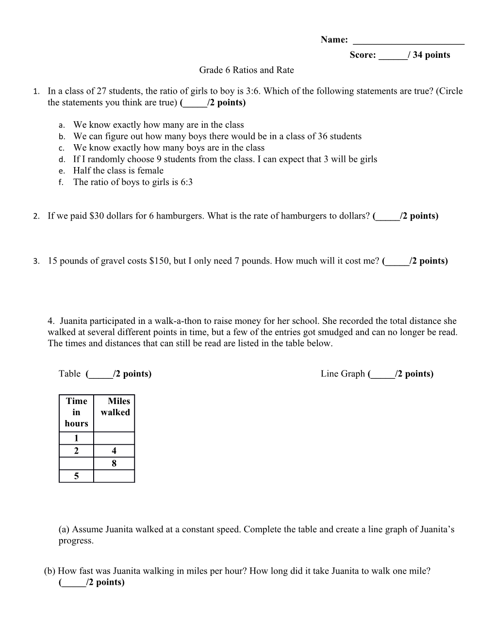 Grade 6 Ratios and Rate