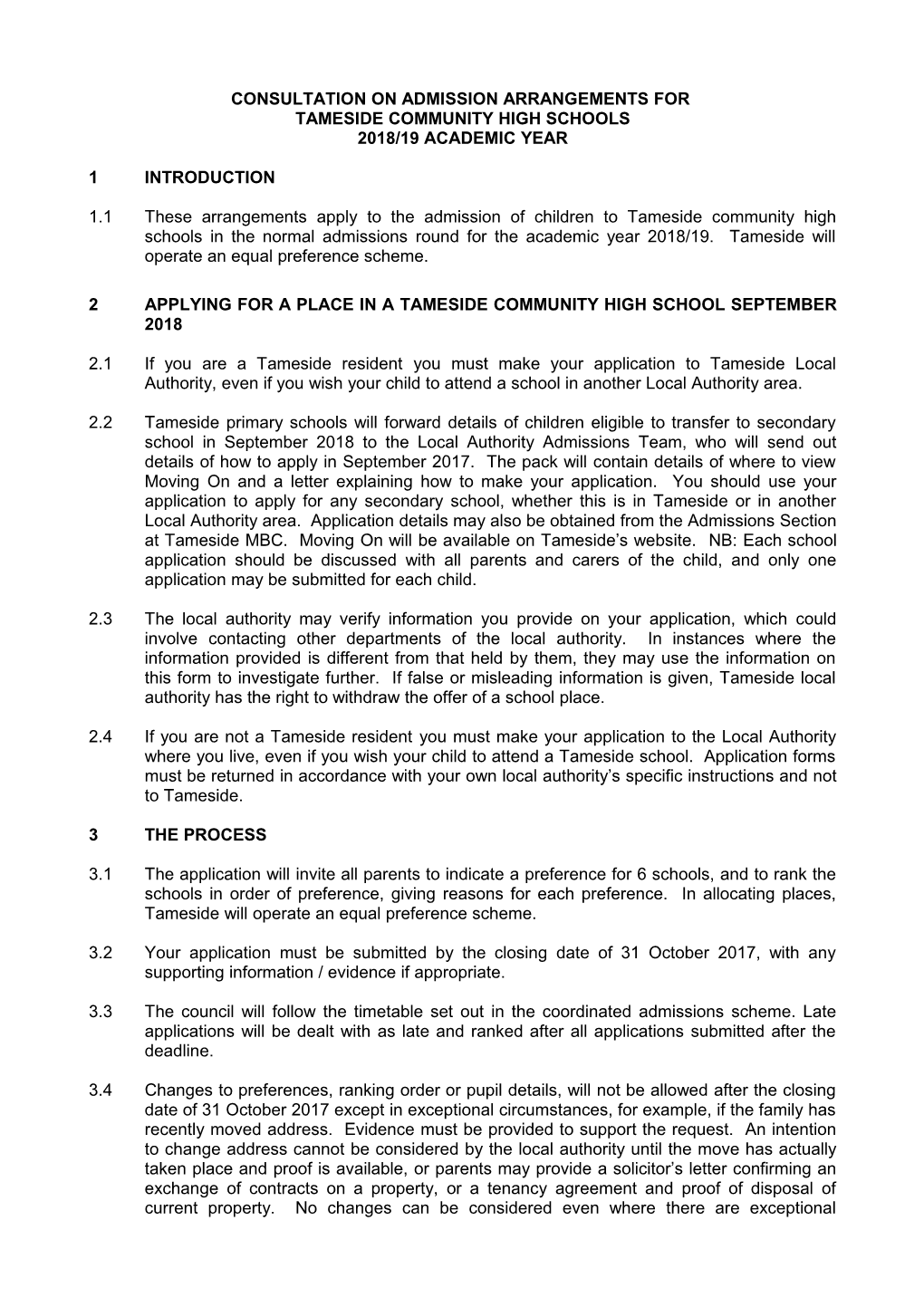 Proposed Admission Arrangements for Tameside Community High Schools