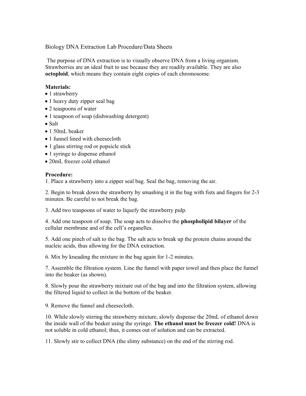 Biology DNA Extraction Lab Procedure/Data Sheets