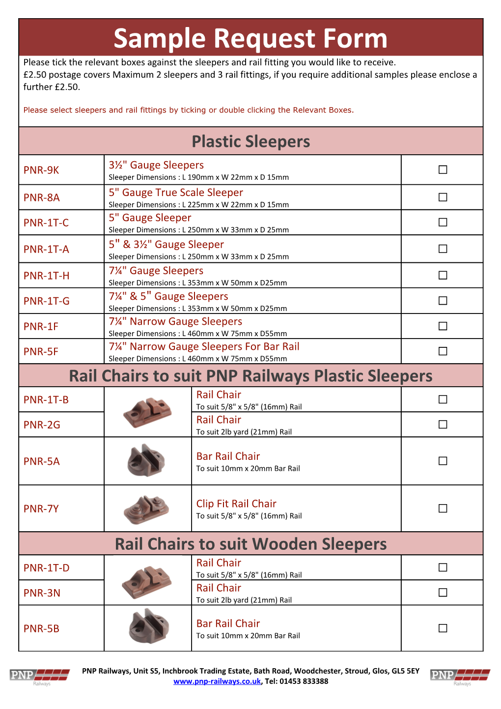 Sample Packs Postage for Sleepers and Rail Fittings