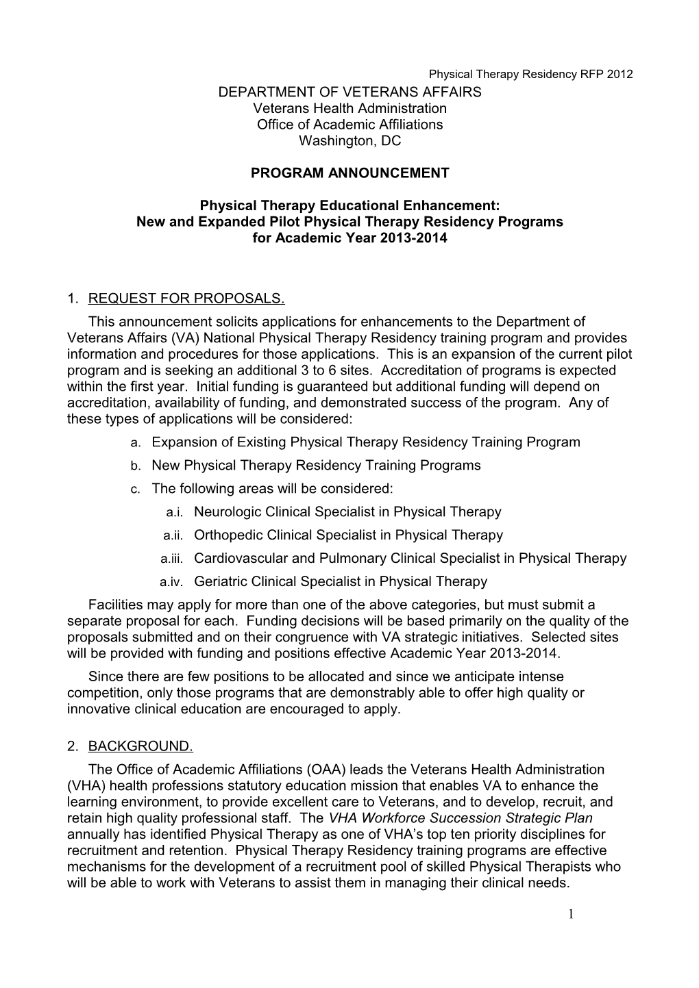 Physical Therapy Residency RFP 2012