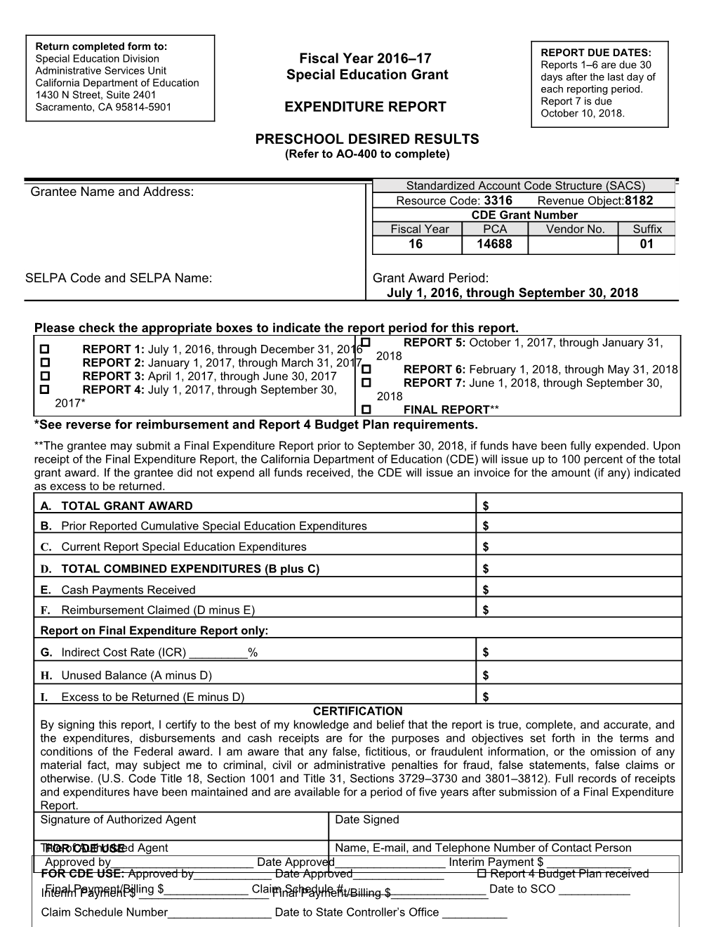 Form-16: Expenditure Report for PCA 14688 - Administration & Support (CA Dept of Education)