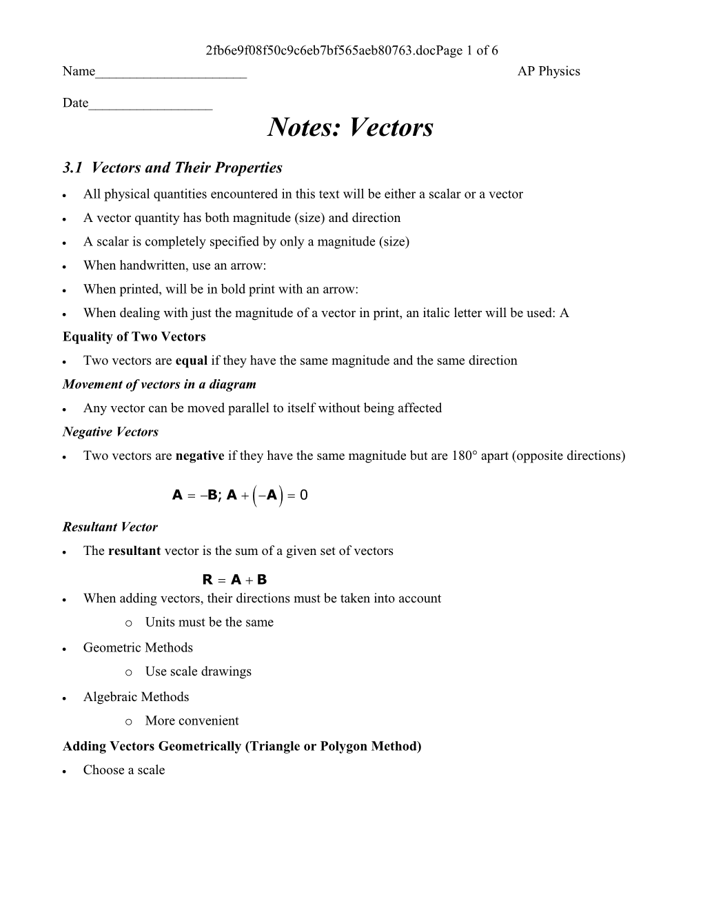 3.1 Vectors and Their Properties