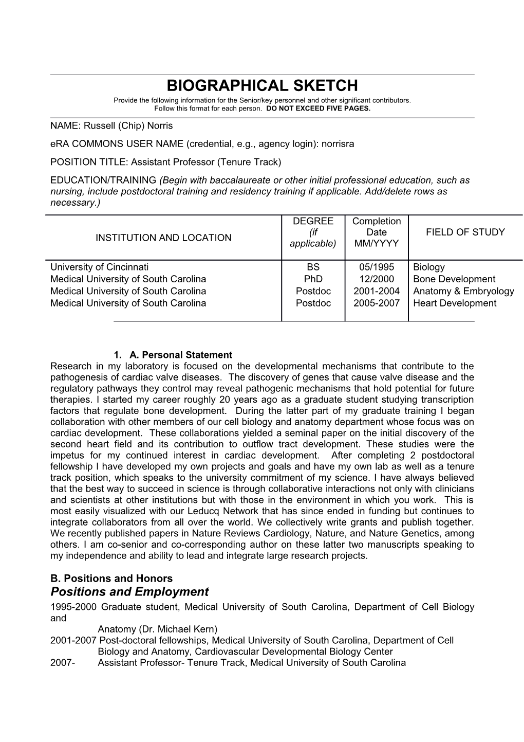 OMB No. 0925-0046, Biographical Sketch Format Page s1