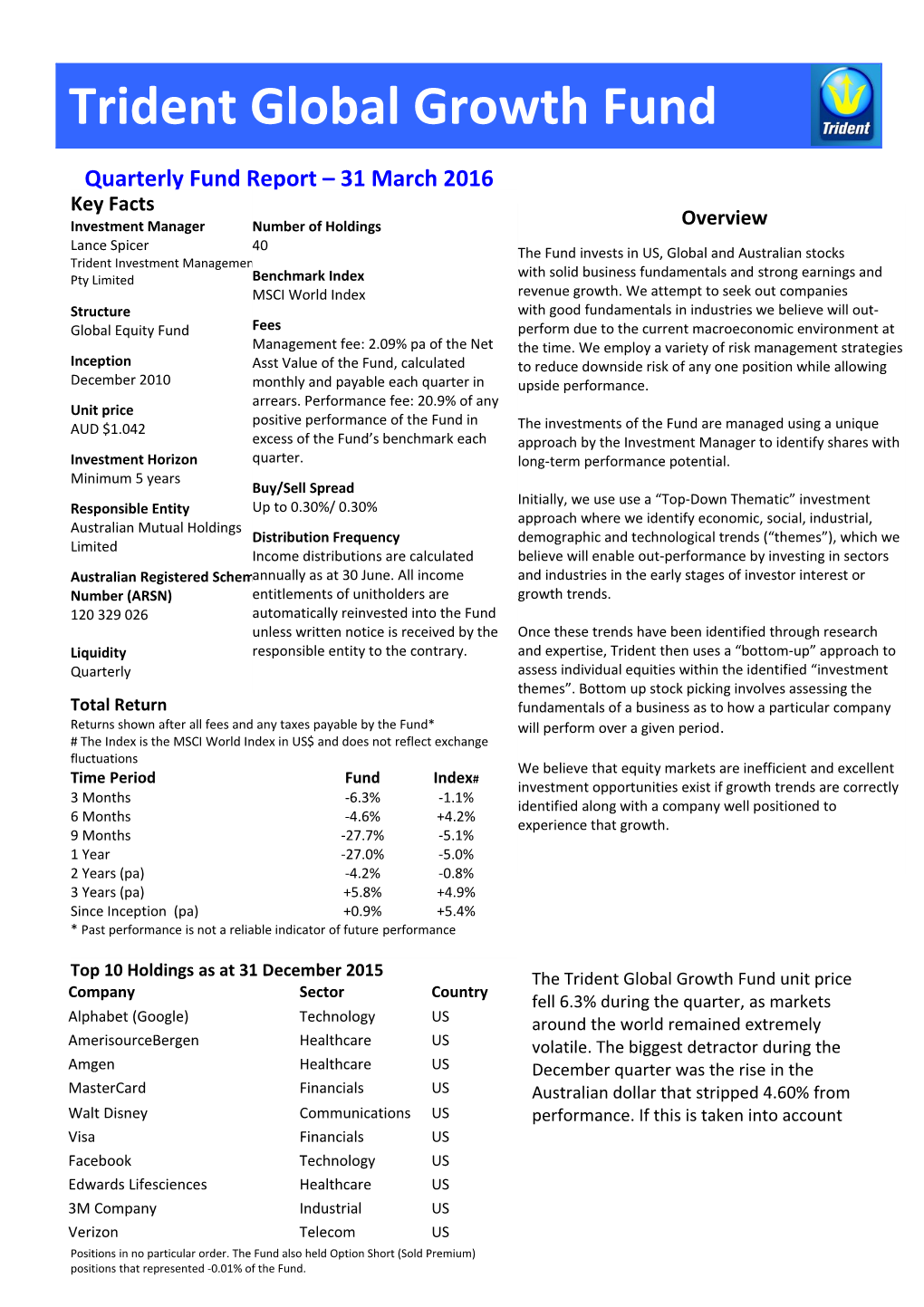 Trident Global Growth Fund Quarterly Fund Manager S Report 31 March 2016