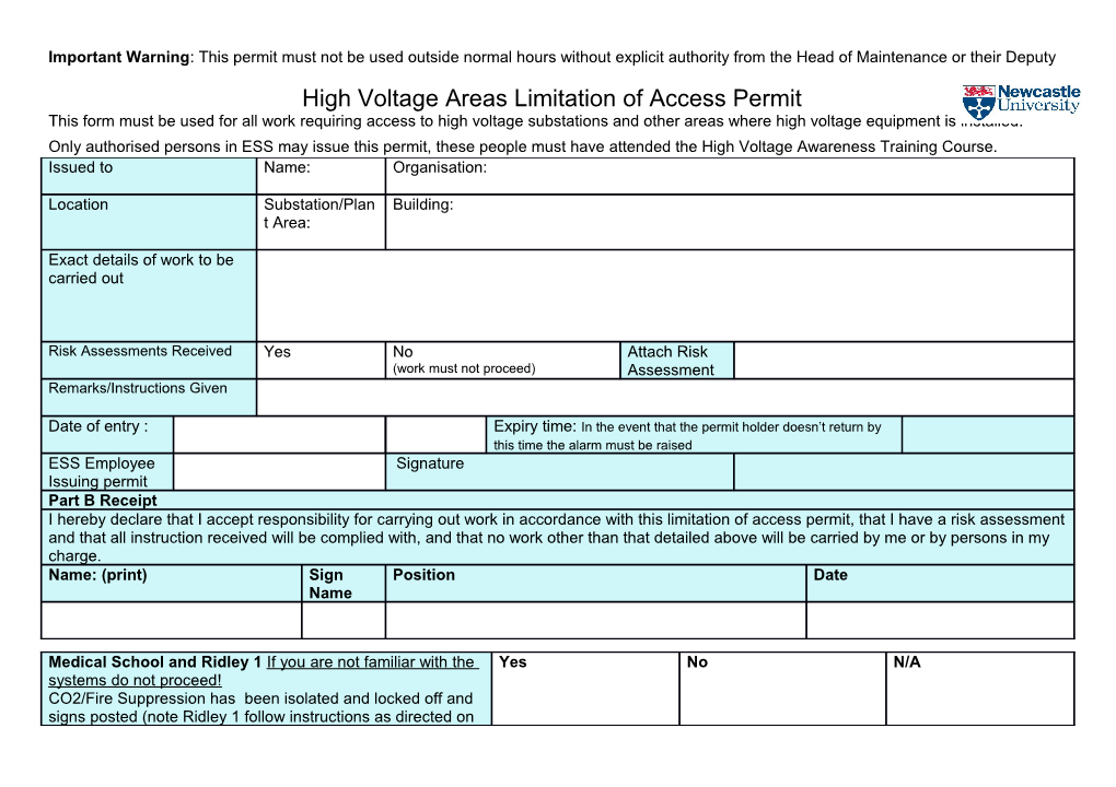 Important Warning : This Permit Must Not Be Used Outside Normal Hours Without Explicit