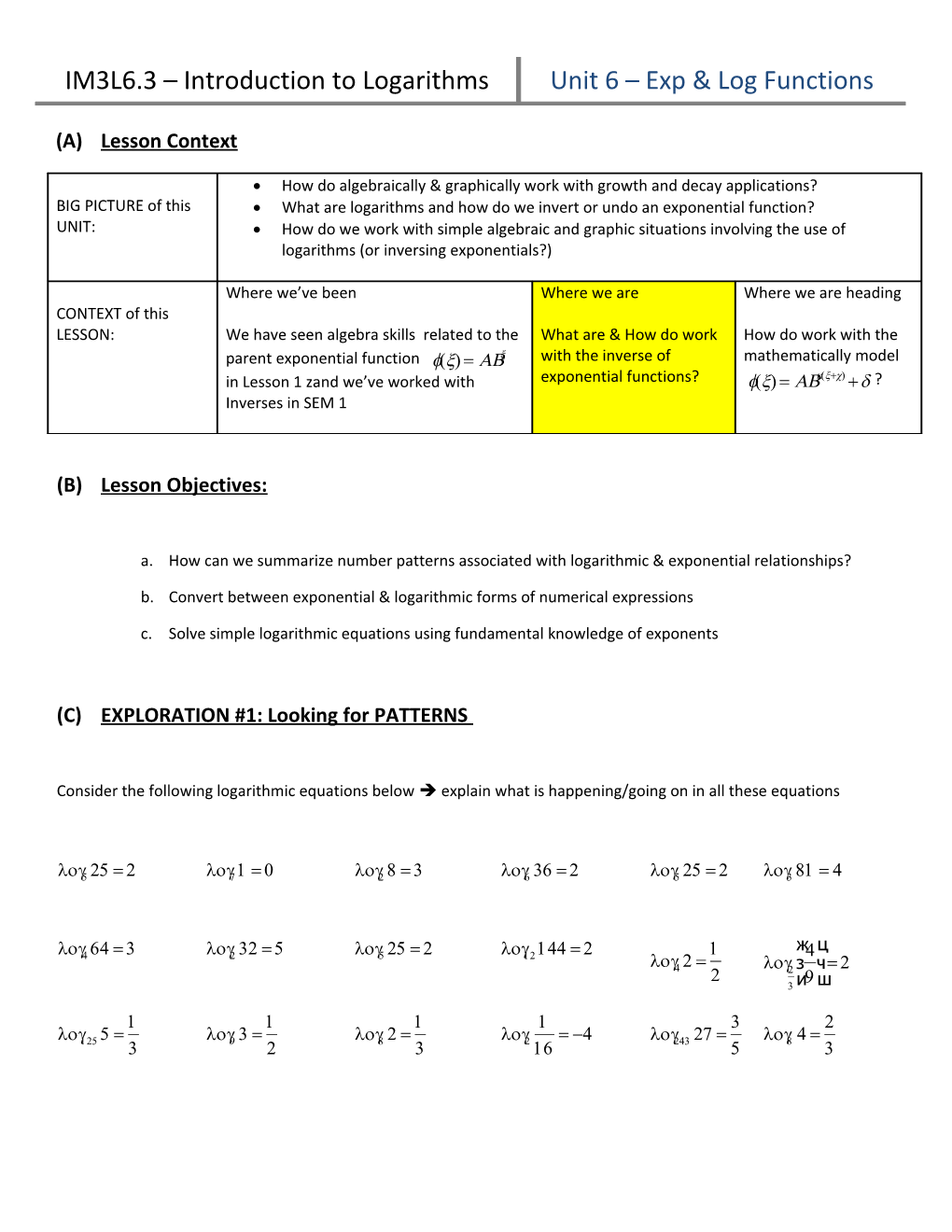 Grade 9 Integrated Math Lesson Notes Outline