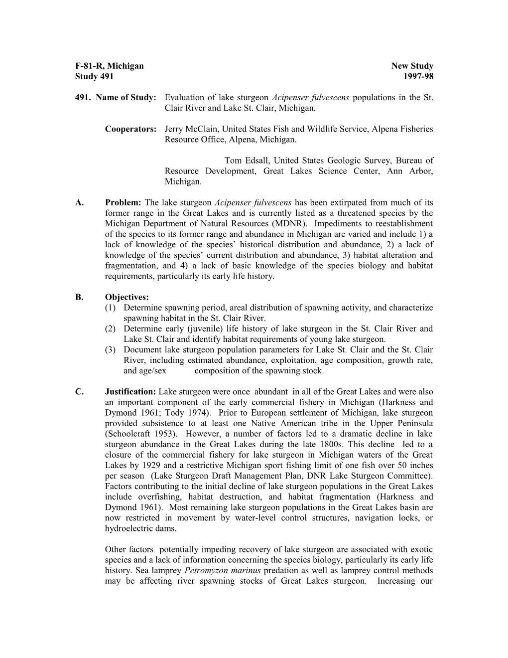 Name of Study:	Historical Distribution of Lake Sturgeon Acipenser Fulvescens in Michigan