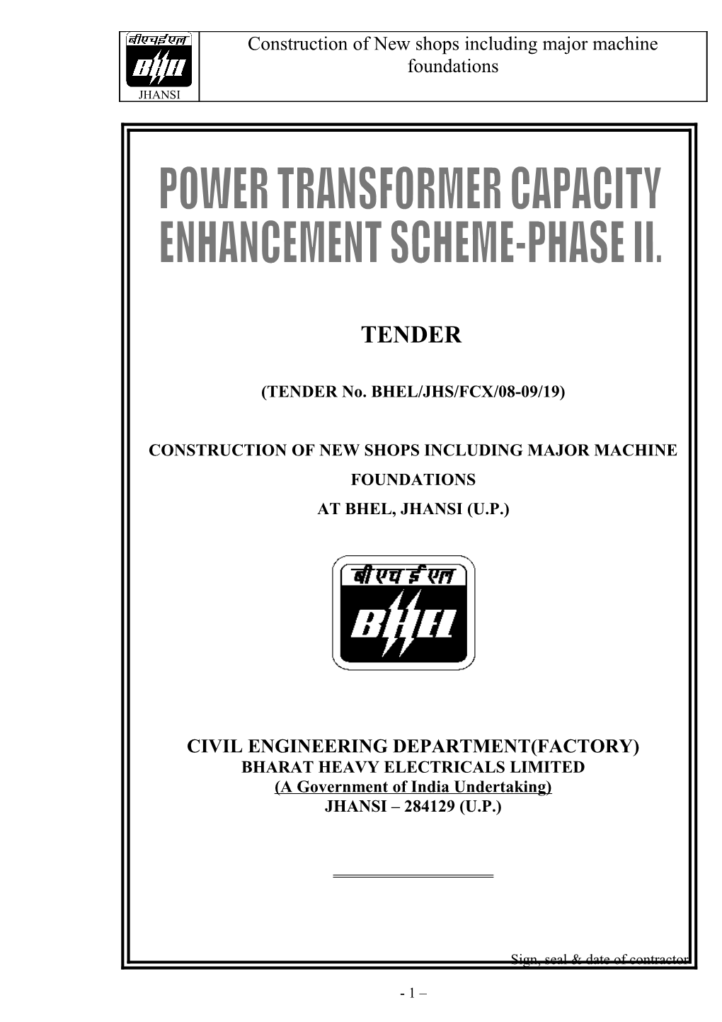 TENDER No. BHEL/JHS/FCX/08-09/19