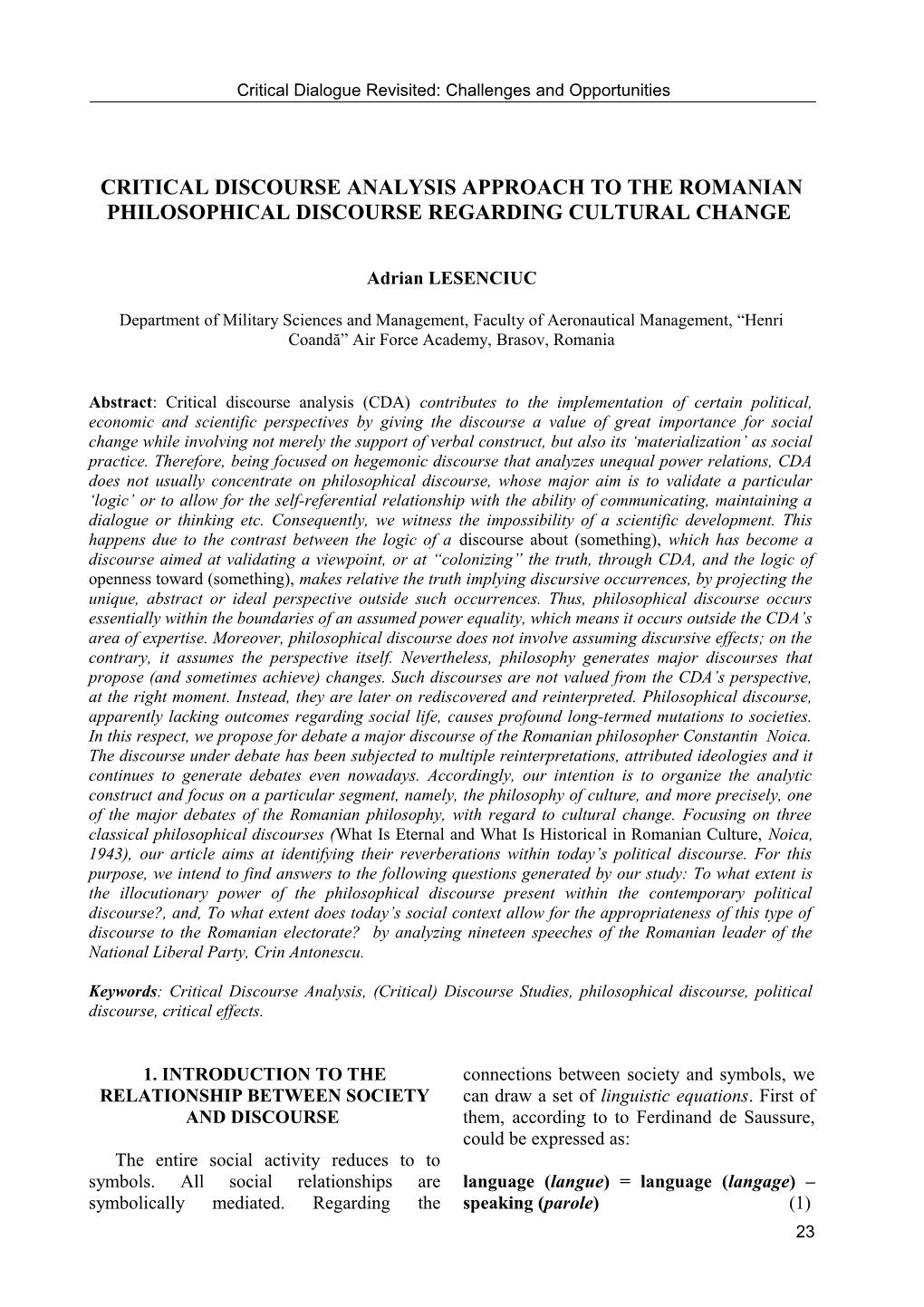 Critical Discourse Analysis Approach to the Romanian Philosophical Discourse Regarding