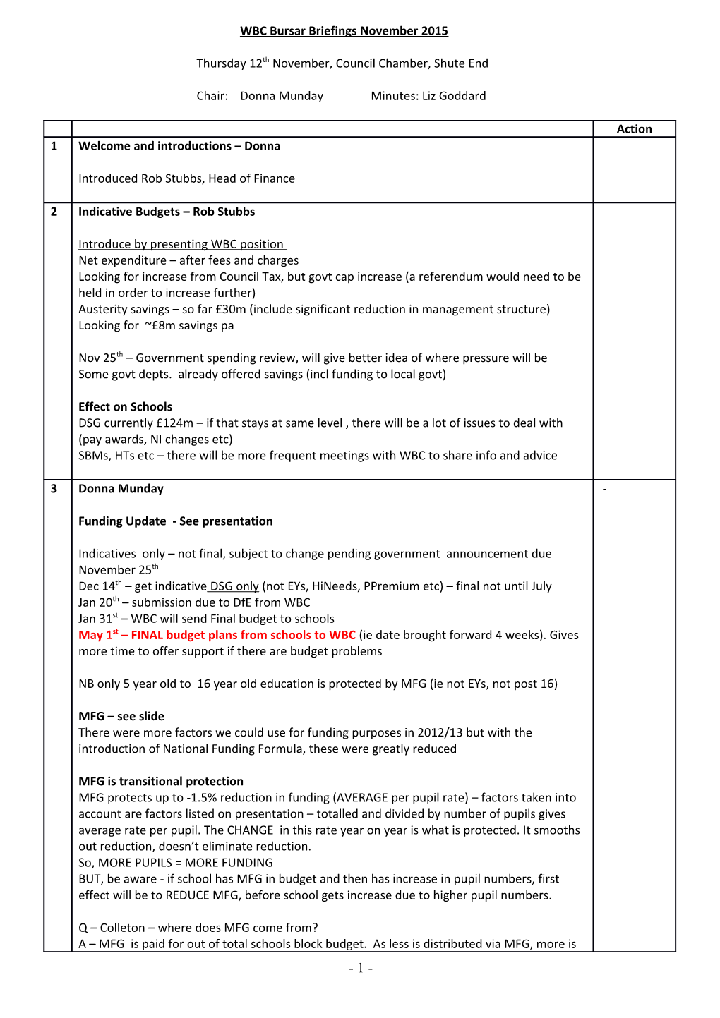 Bursar Briefings - Agenda Suggestions