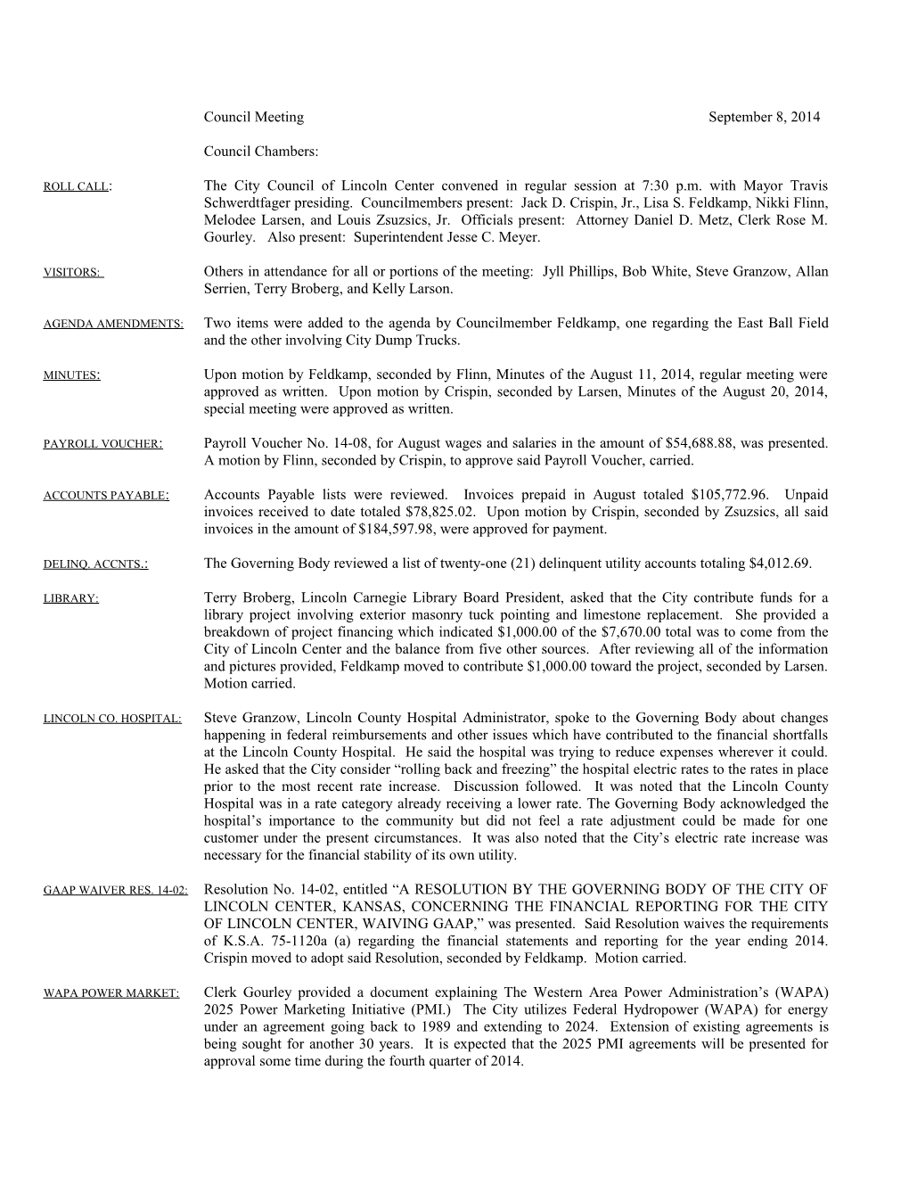 Council Meeting September 8, 2014