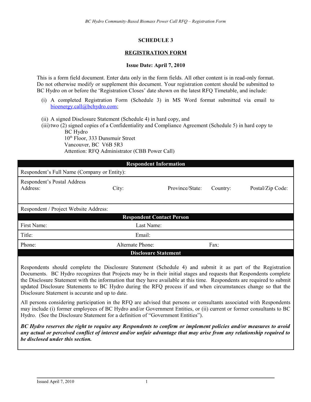 BC Hydro Community-Based Biomass Power Call RFQ Registration Form