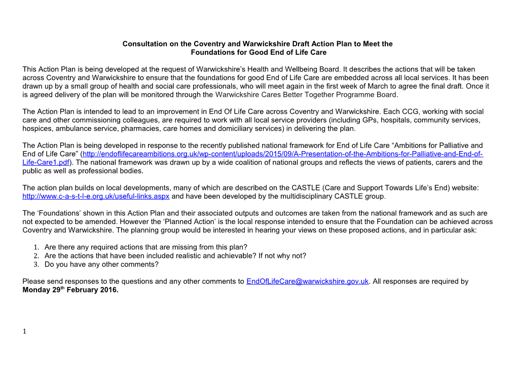 Consultation on the Coventry and Warwickshire Draft Action Plan to Meet The