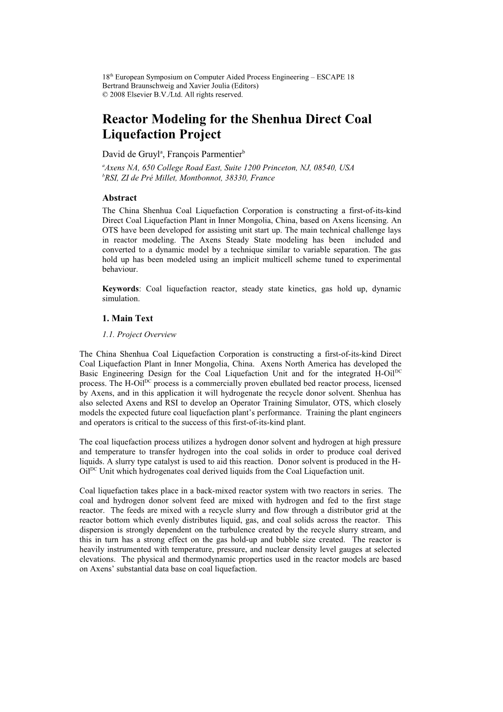 Reactor Modeling for the Shenhua Direct Coal Liquefaction Project