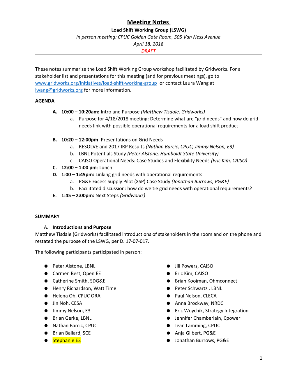 Load Shift Working Group (LSWG)