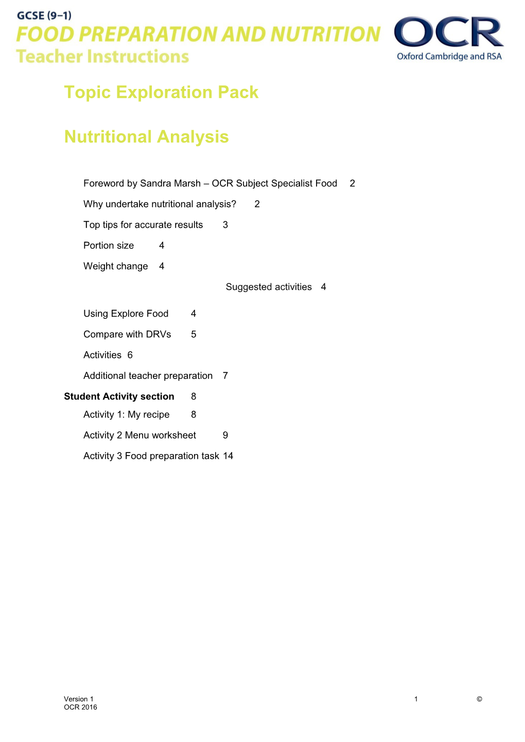 OCR GCSE (9-1) Food Preparation and Nutrition Topic Exploration Pack: Nutritional Analysis