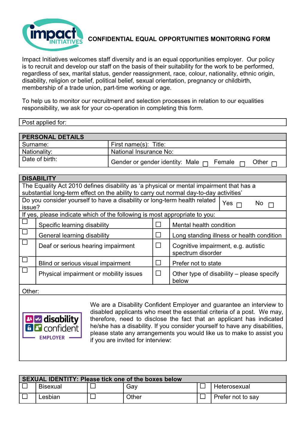 Confidential Equal Opportunities Monitoring Form