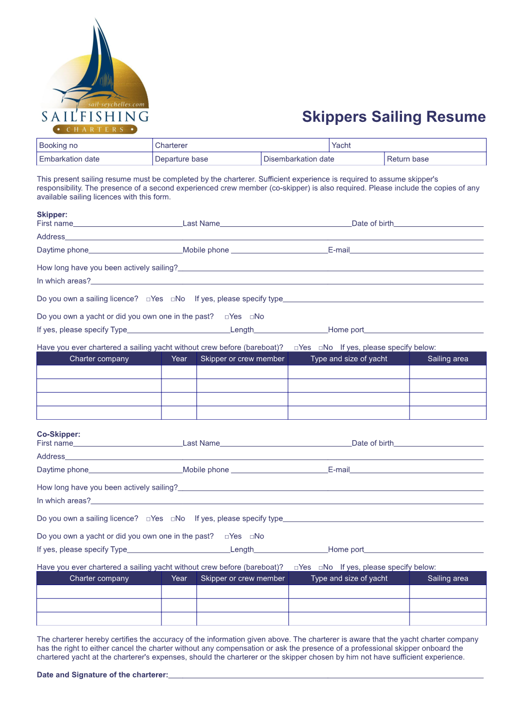 Skippers Sailing Resume