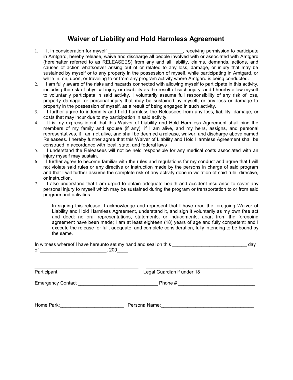 Waiver of Liability and Hold Harmless Agreement s1