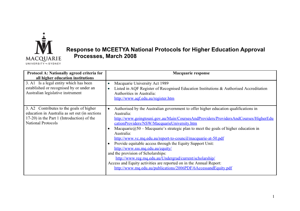 Response to MCEETYA National Protocols for Higher Education Approval Processes, March 2008
