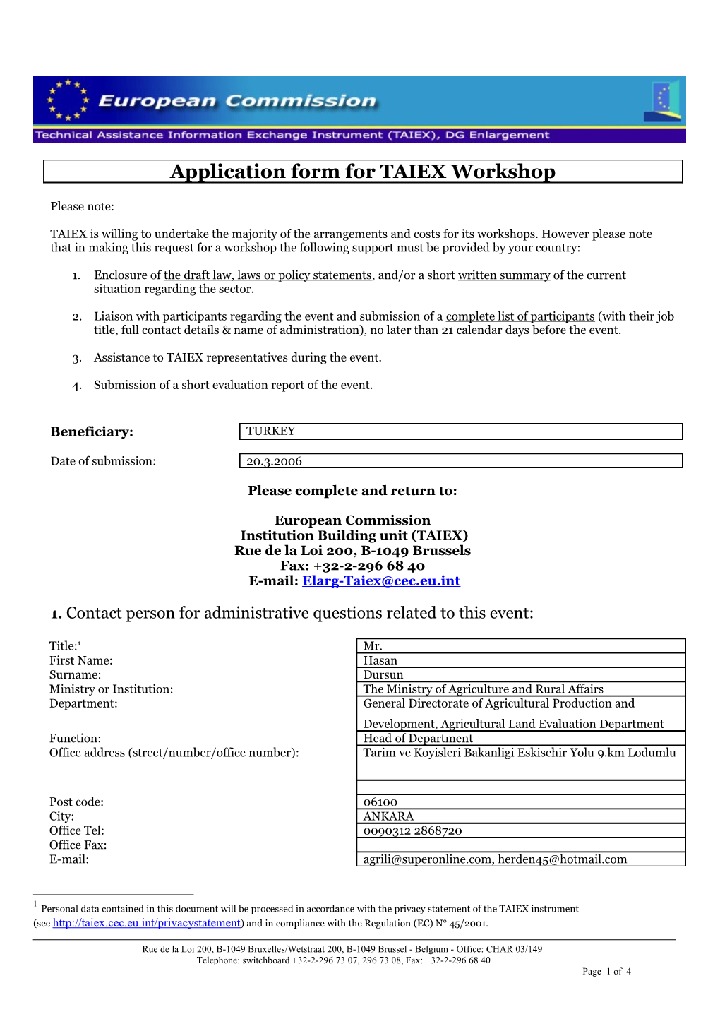 Application Form for TAIEX Workshop