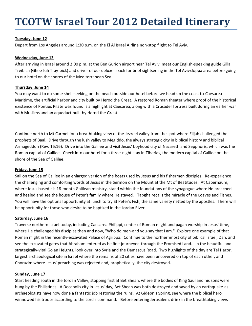 TCOTW Israel Tour 2012 Detailed Itinerary