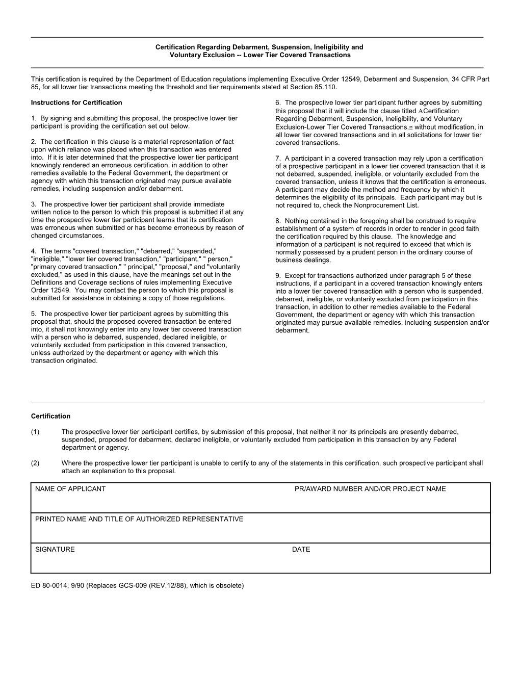 Certification Regarding Debarment, Suspension, Ineligibility and Voluntary Exclusion Lower