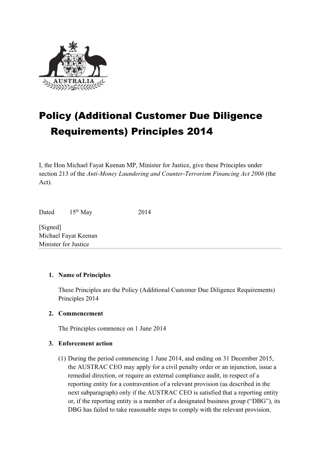 Policy (Additional Customer Due Diligence Requirements) Principles 2014