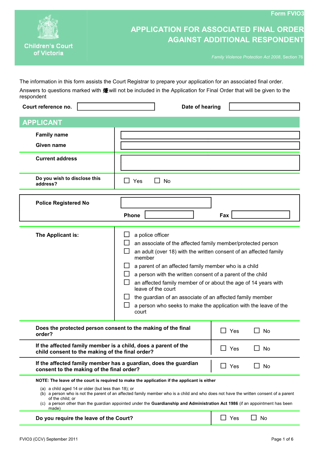 Formfva3 - Application for Assoc Final Order Additonal Respondent (Word 335 KB - 6 Pages)