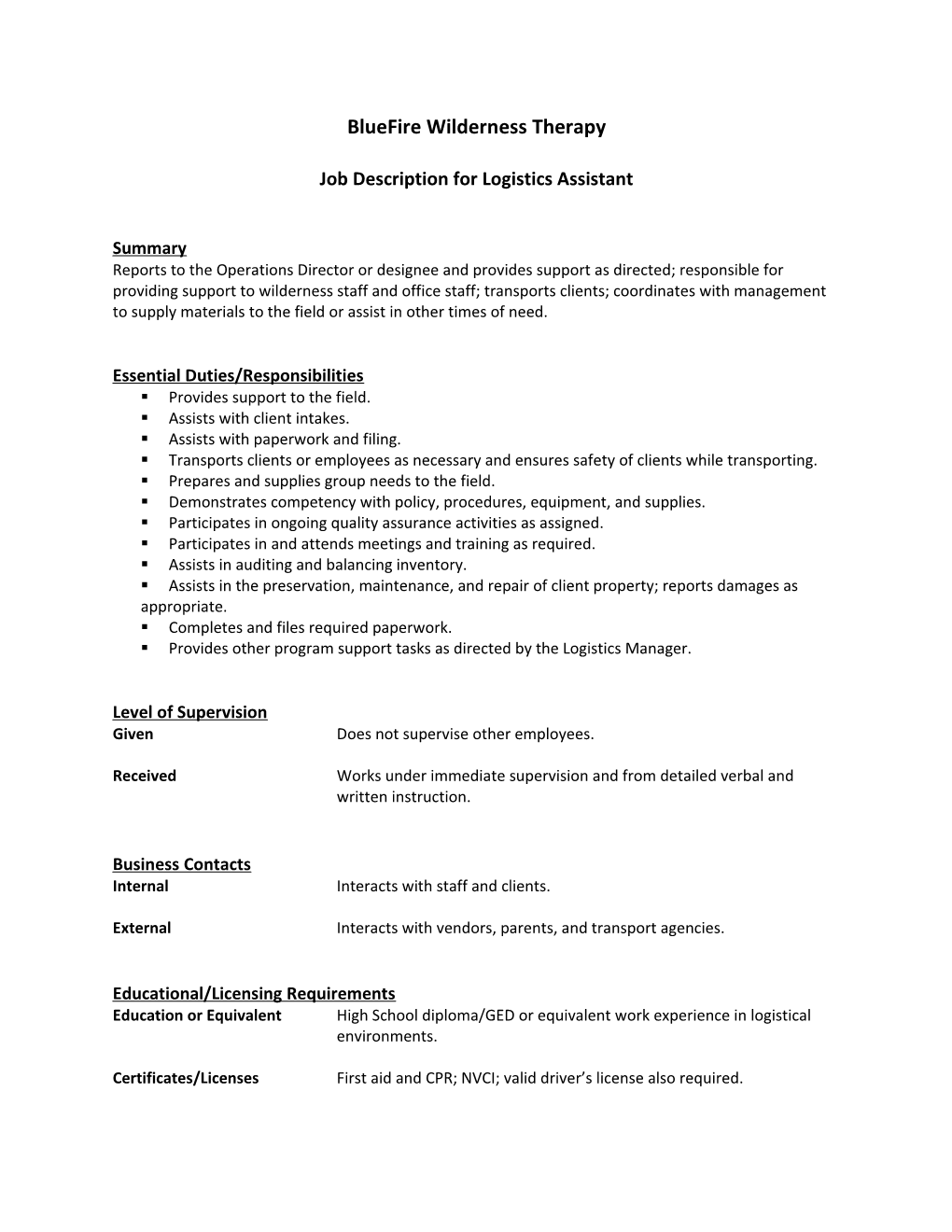 Job Description for Logistics Assistant