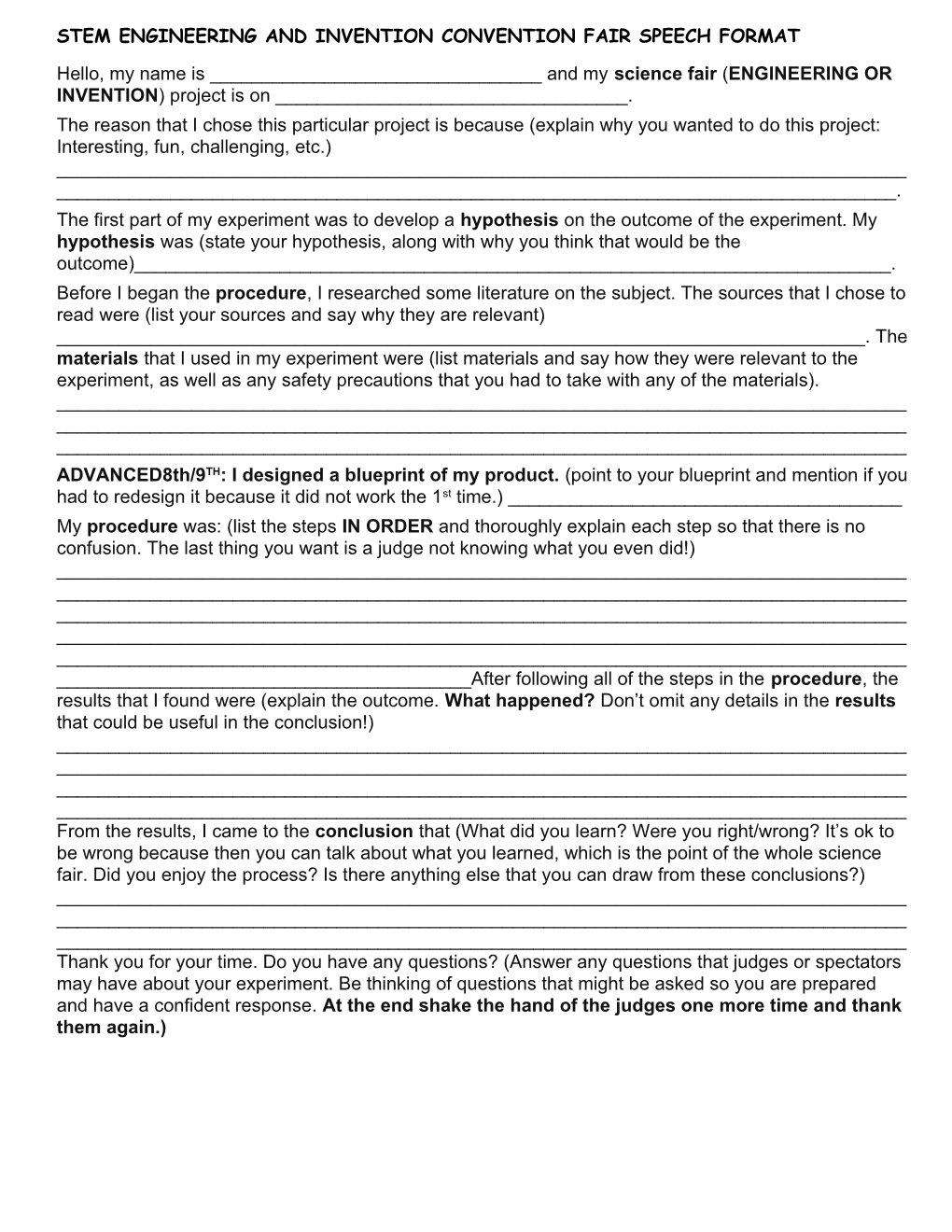 Stem Engineering and Invention Convention Fair Speech Format