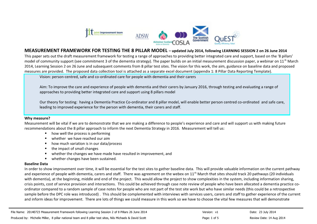 MEASUREMENT FRAMEWORK for TESTING the 8 PILLAR MODEL Updated July 2014, Following LEARNING