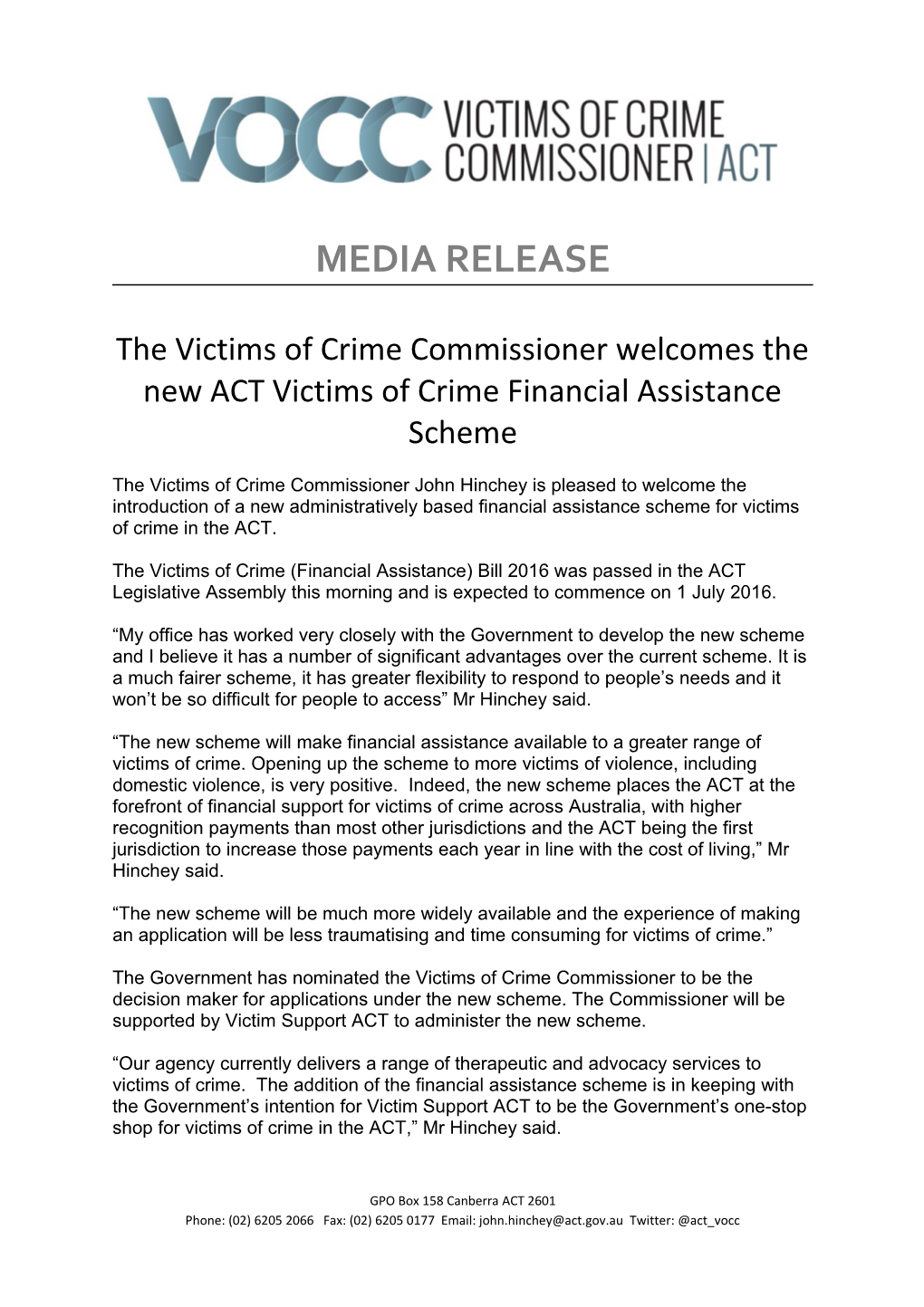 The Victims of Crime Commissioner Welcomes the New ACT Victims of Crime Financial Assistance