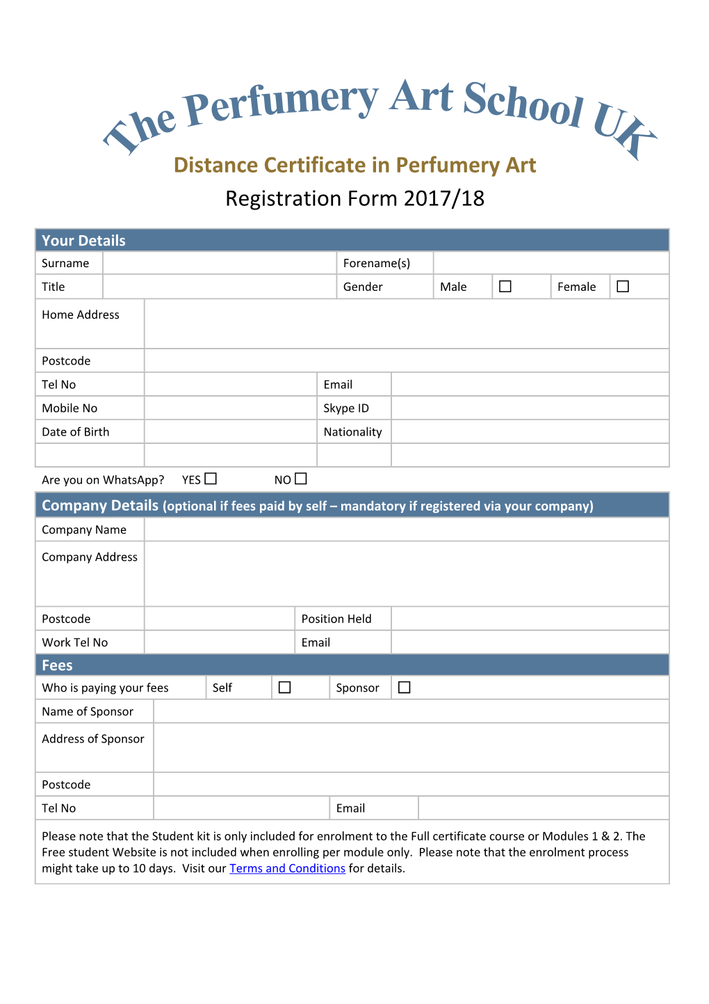 Distance Certificate in Perfumery Art Registration Form 2017/18