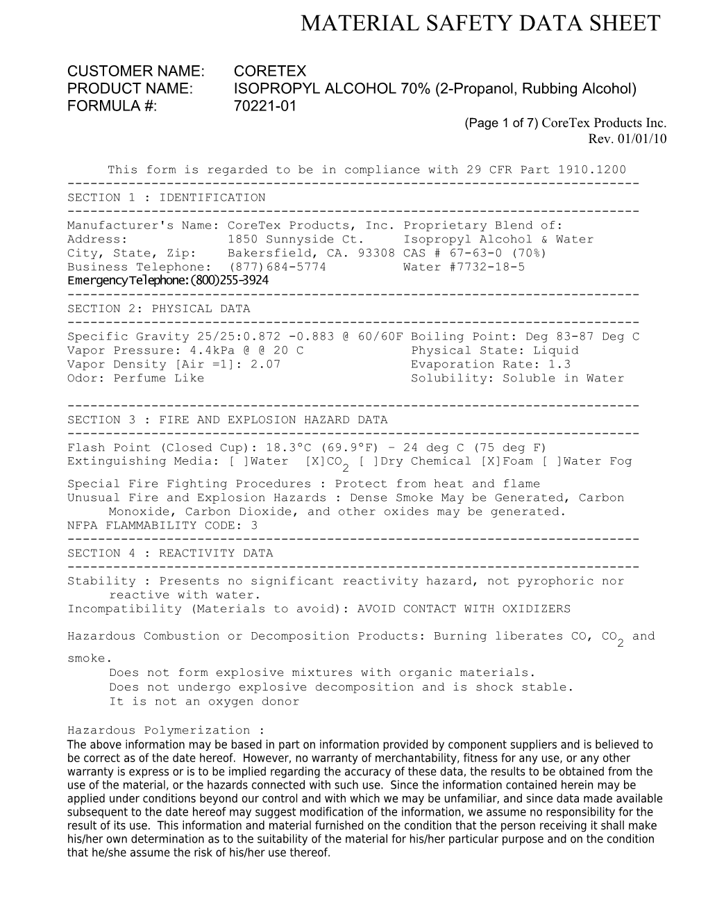 MATERIAL SAFETY DATA SHEET (Page 1 of 3)