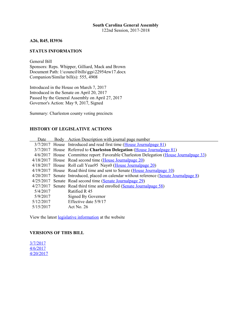 2017-2018 Bill 3936: Charleston County Voting Precincts - South Carolina Legislature Online