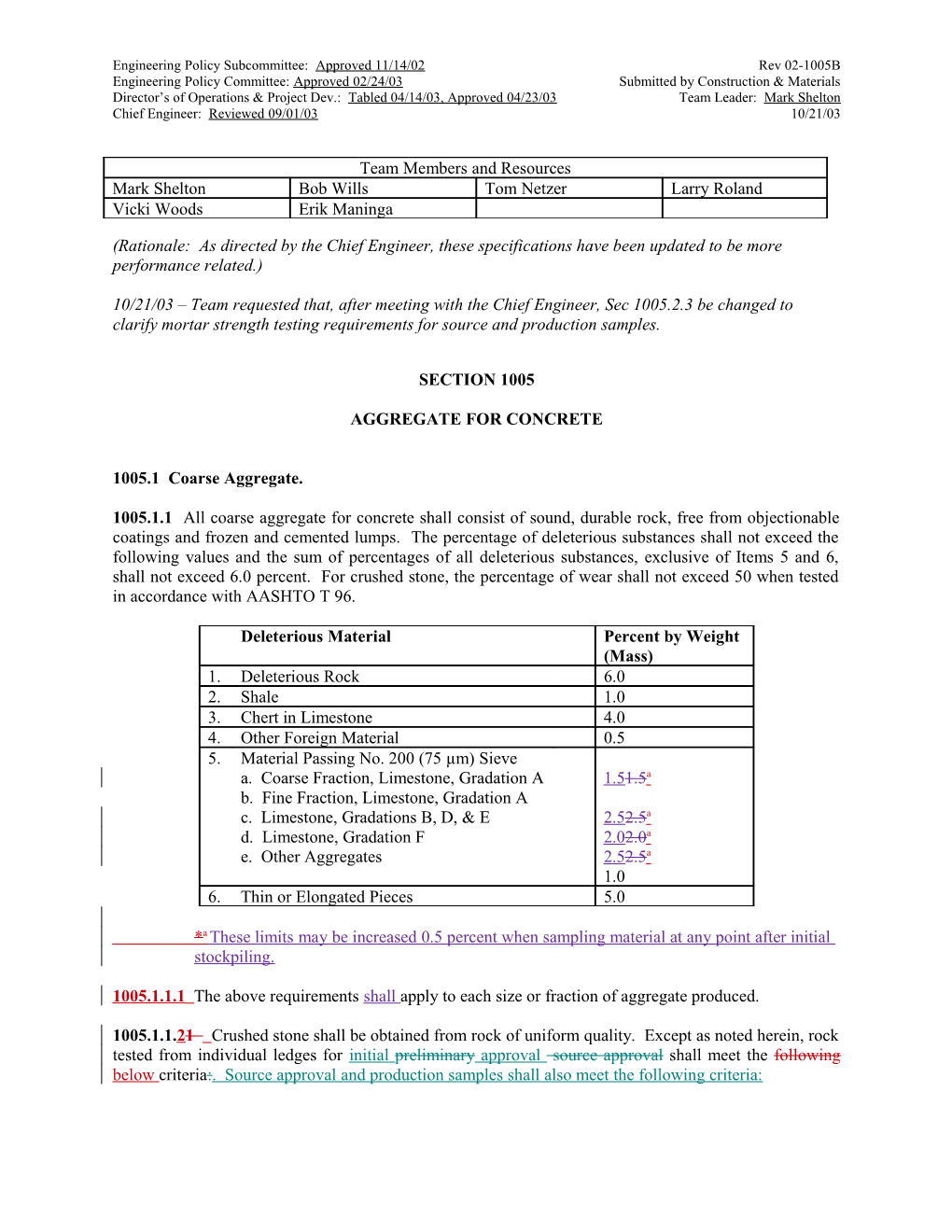 Engineering Policy Subcommittee: Approved 11/14/02 Rev 02-1005A