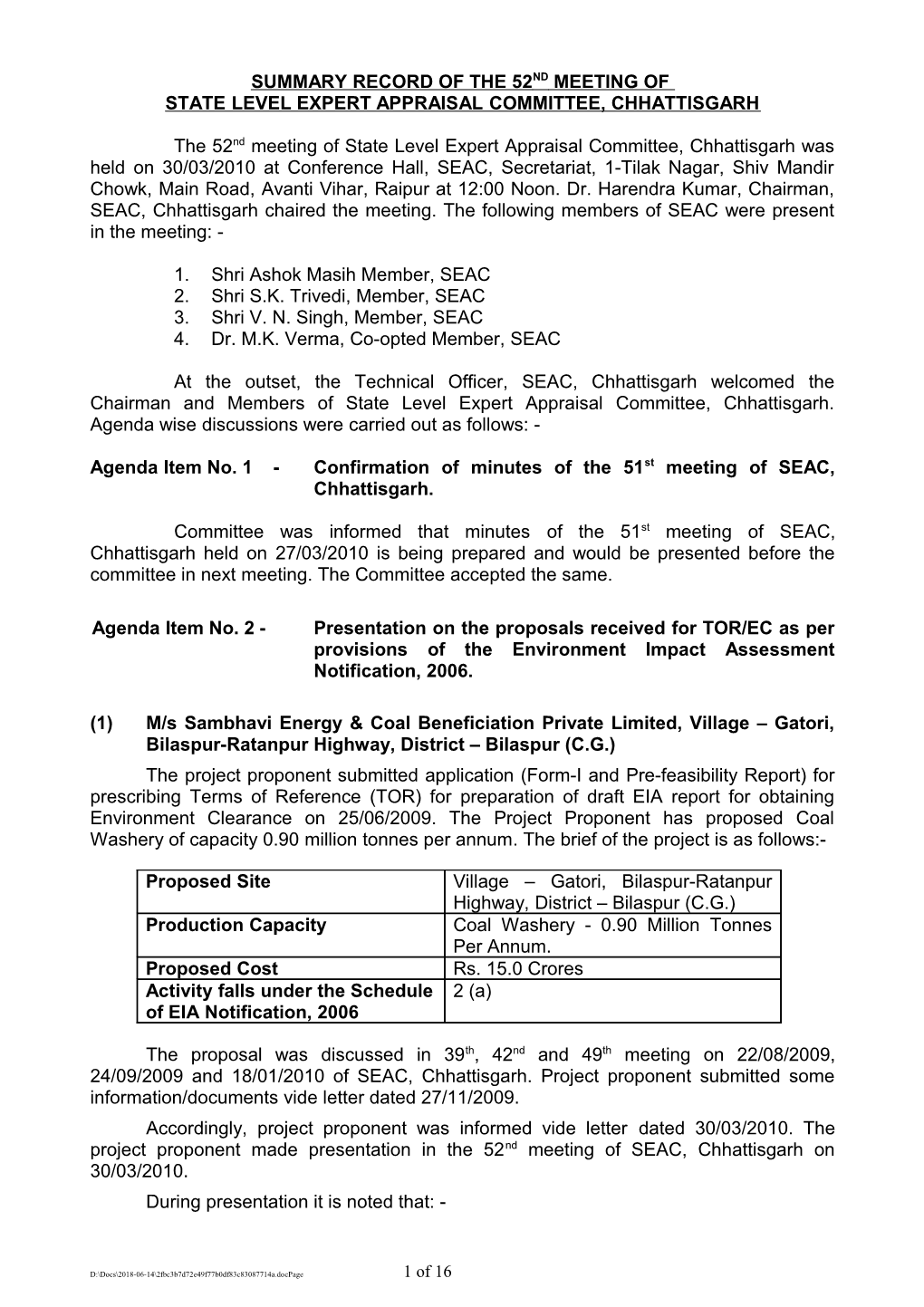 First Meeting of State Level Environment Impact Assessment Authority, Chhattisgarh