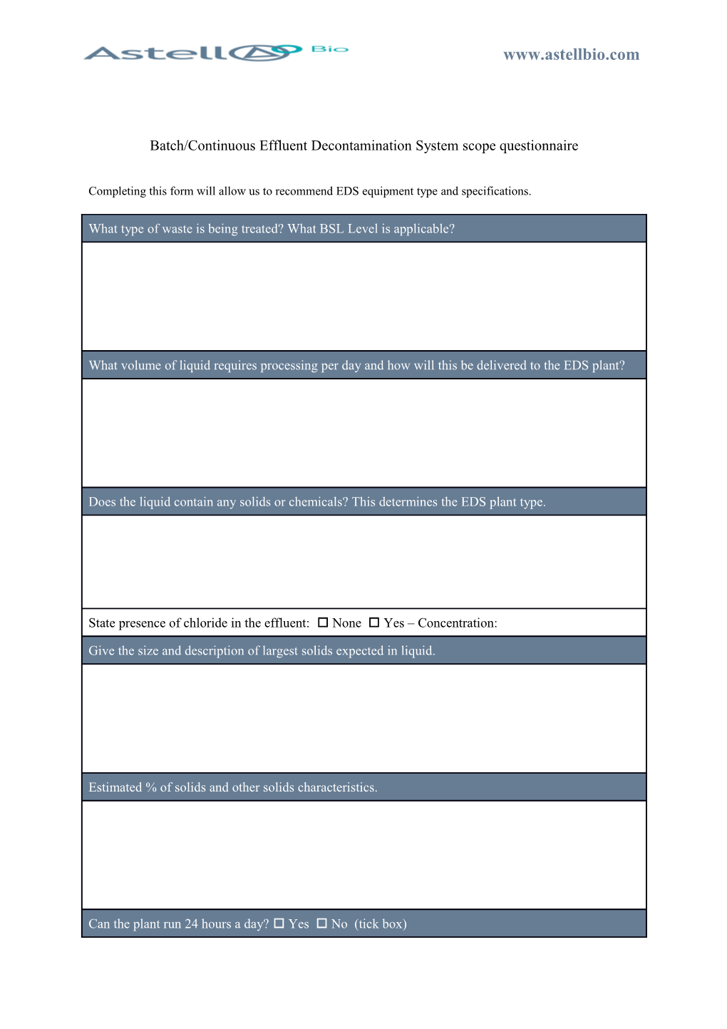 Batch/Continuous Effluent Decontamination System Scope Questionnaire