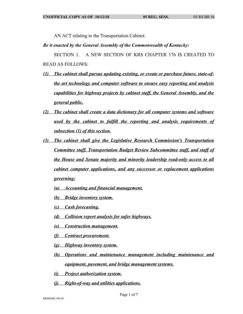AN ACT Relating to the Transportation Cabinet