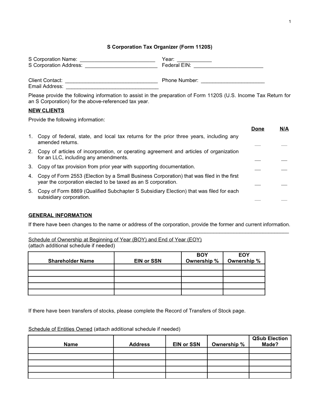 S Corporation Tax Organizer (Form 1120S)