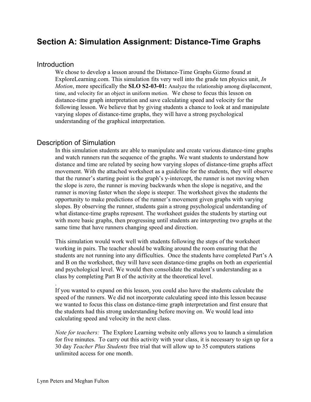 Section A: Simulation Assignment: Distance-Time Graphs