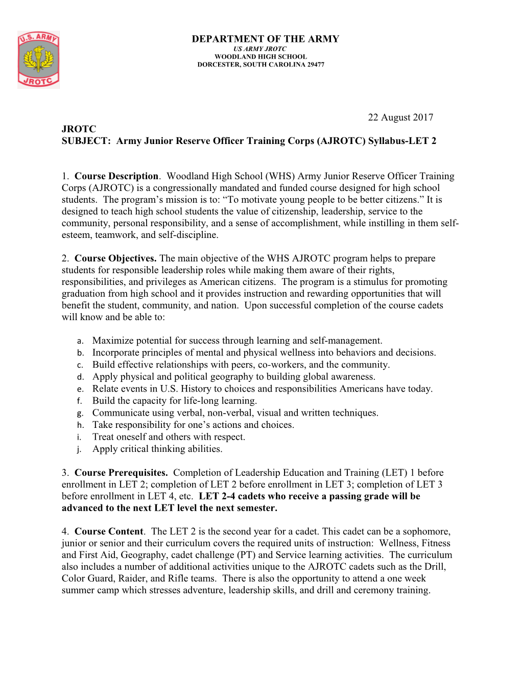 SUBJECT: Army Junior Reserve Officer Training Corps (AJROTC) Syllabus-LET 2