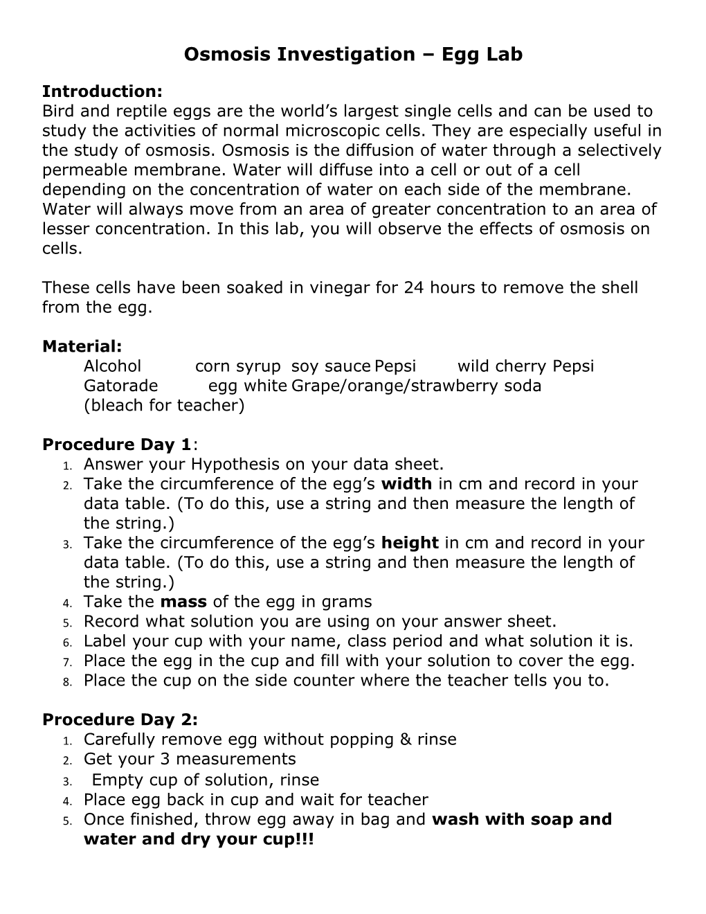 Osmosis Investigation Egg Lab