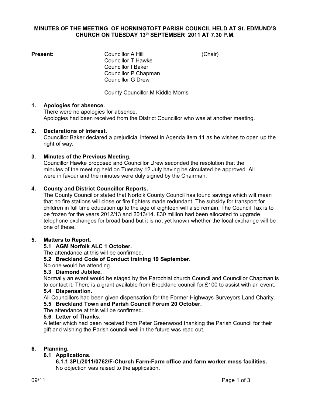 MINUTES of the MEETING of HORNINGTOFT PARISH COUNCIL HELD at St. EDMUND S CHURCHON TUESDAY