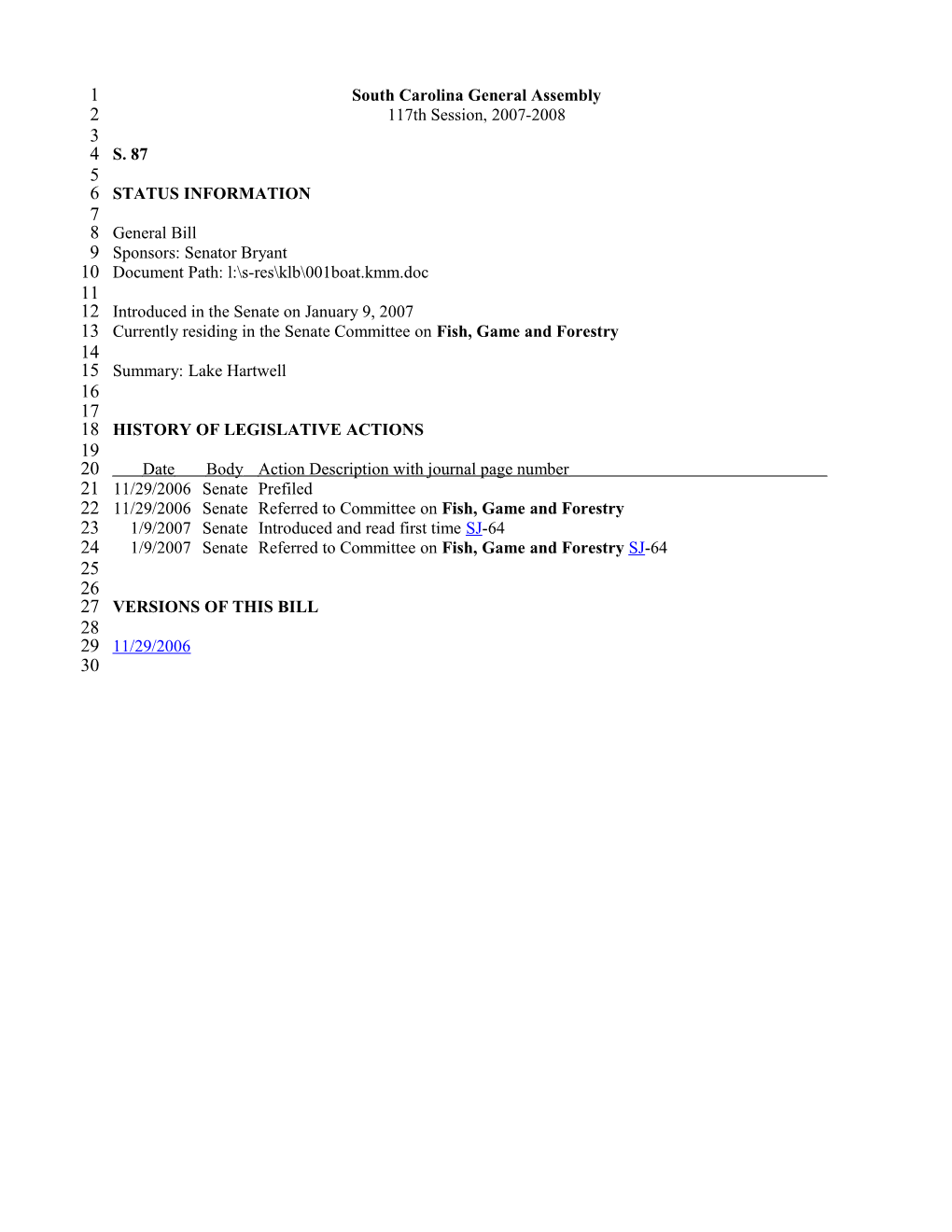 2007-2008 Bill 87: Lake Hartwell - South Carolina Legislature Online