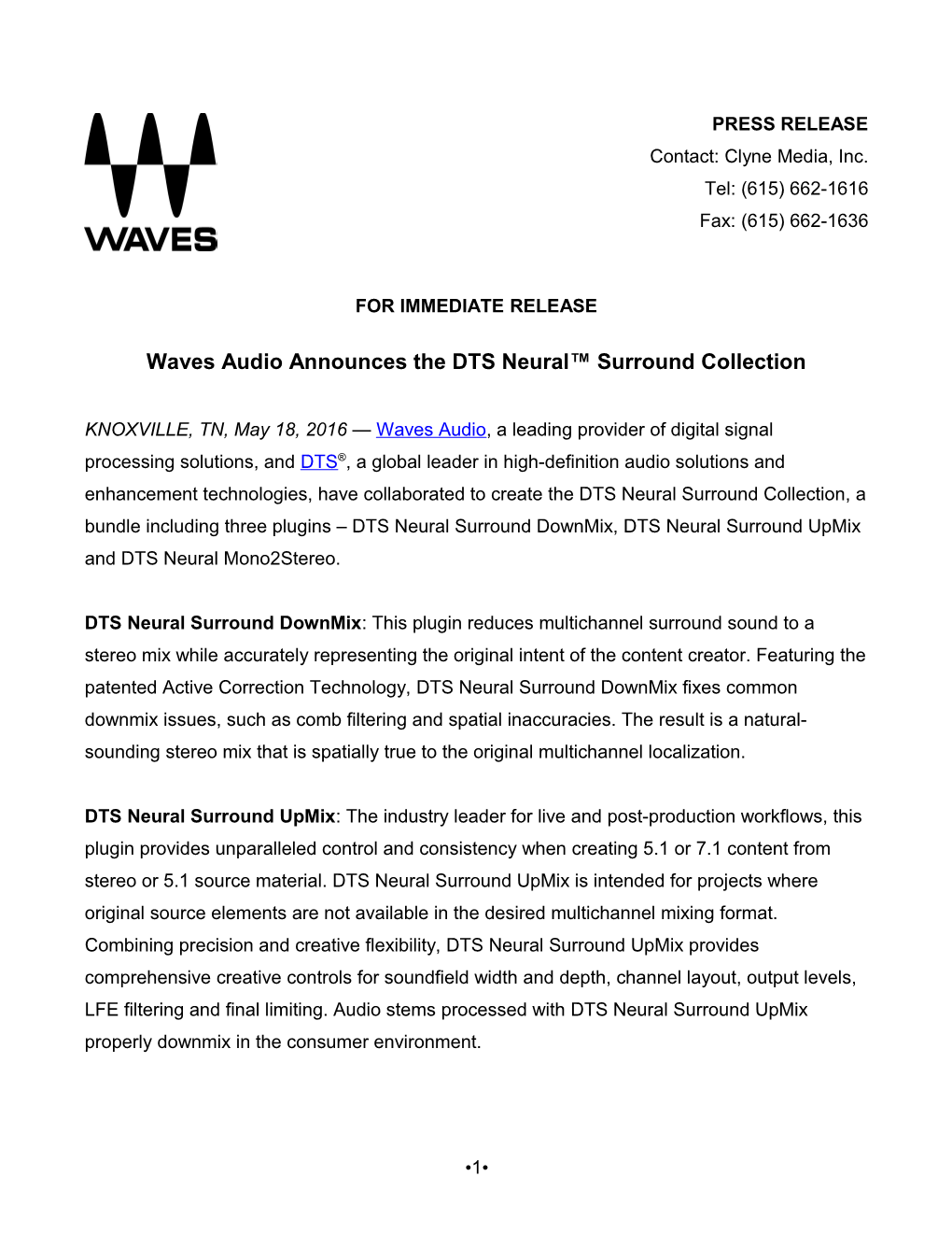 Waves Audio Announces the DTS Neural Surround Collection