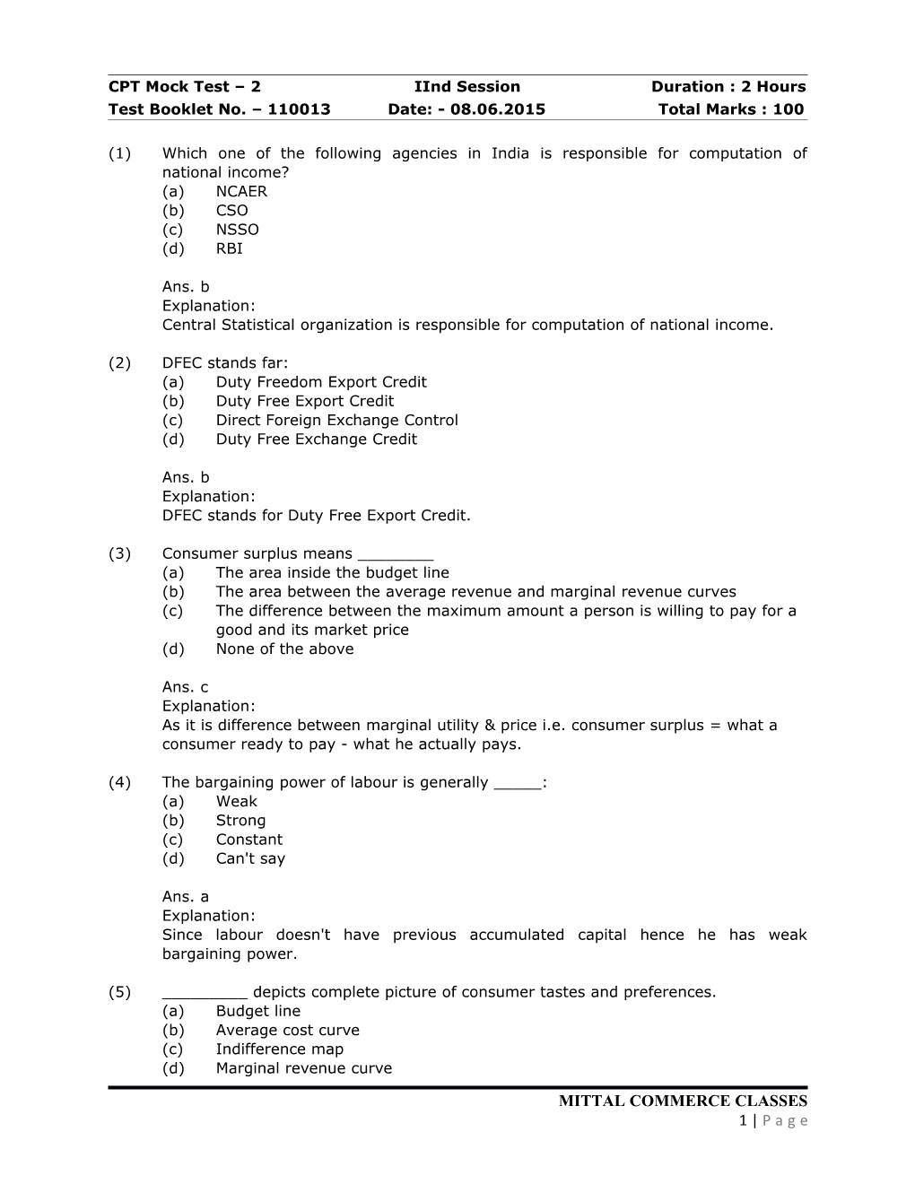 CPT Mock Test 2 Iind Session Duration : 2 Hours